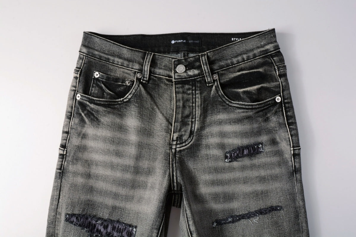 Men's High Street Distressed Ash Gray Skinny Jeans with Ripped Holes & Button Fly
