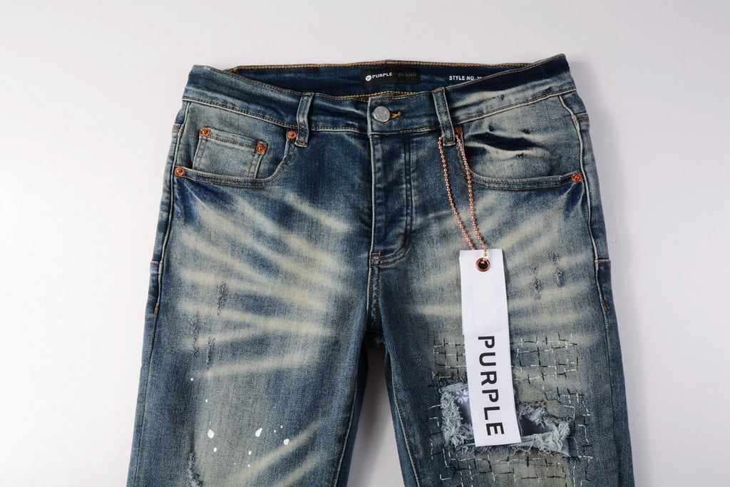 Men's Streetwear Classical Blue Distressed Bandanna Patchwork Stretch Slim Fit Ripped Jeans