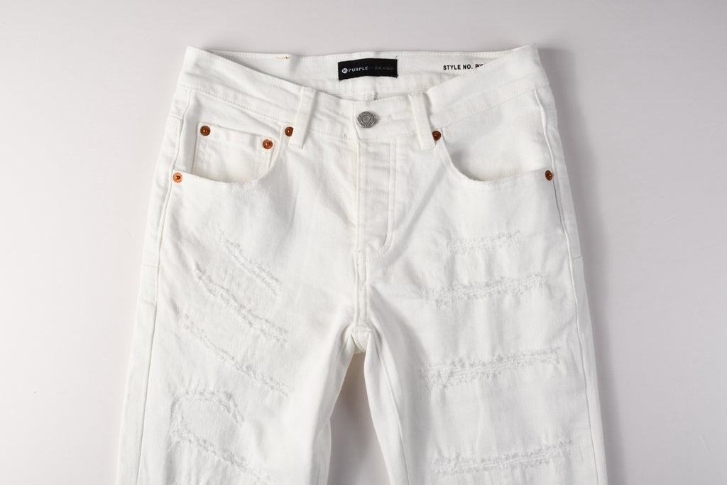 Men's Distressed White Beige Skinny Jeans with Ripped Holes & Button Fly