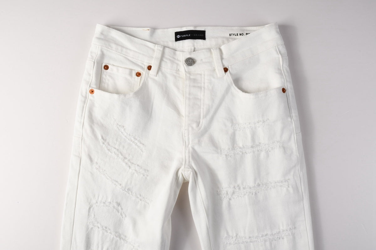 Men's Distressed White Beige Skinny Jeans with Ripped Holes & Button Fly