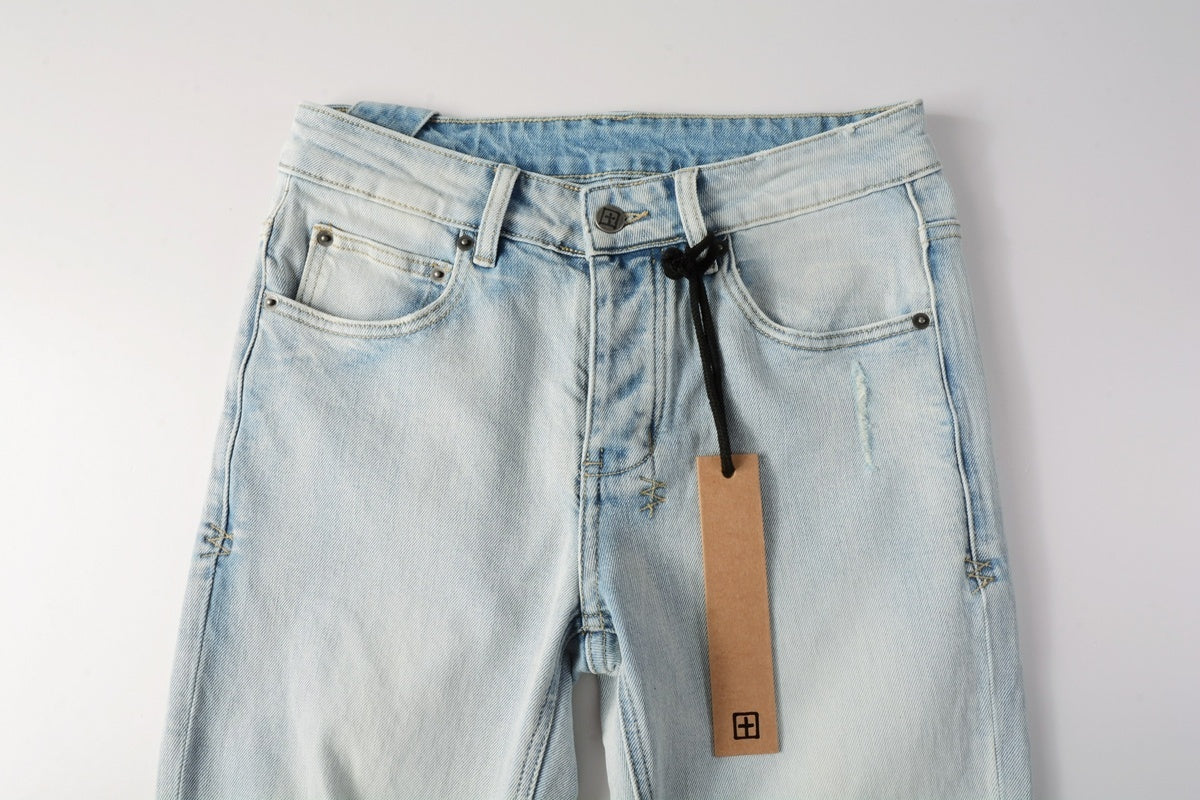 Men's Light Wash Lion Crest Patch Distressed Skinny Jeans - Stretch Denim
