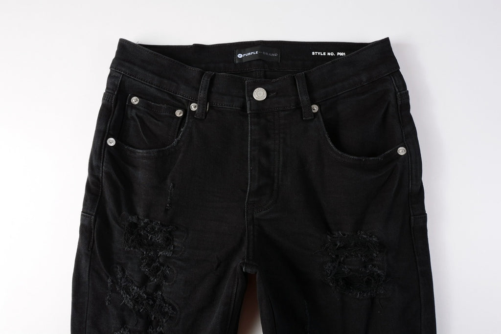 Men's Distressed Black Skinny Jeans with Ripped Holes & Button Fly