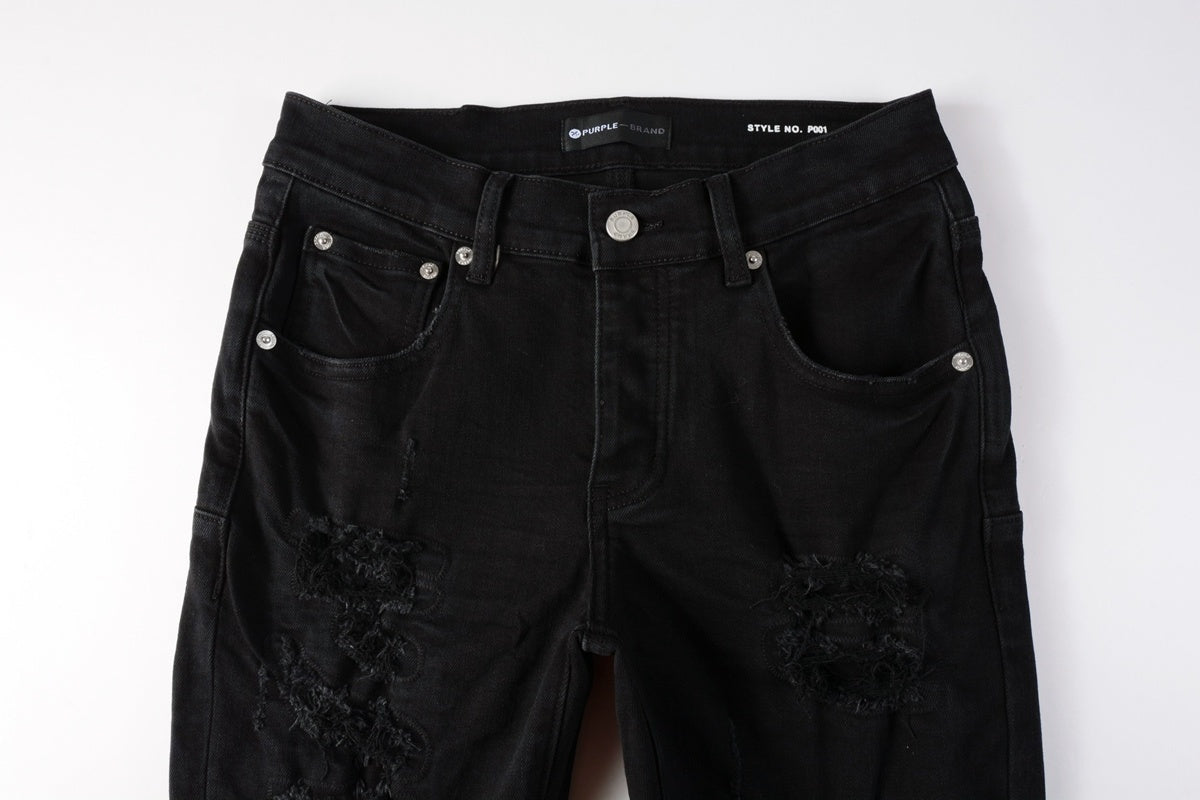 Men's Distressed Black Skinny Jeans with Ripped Holes & Button Fly