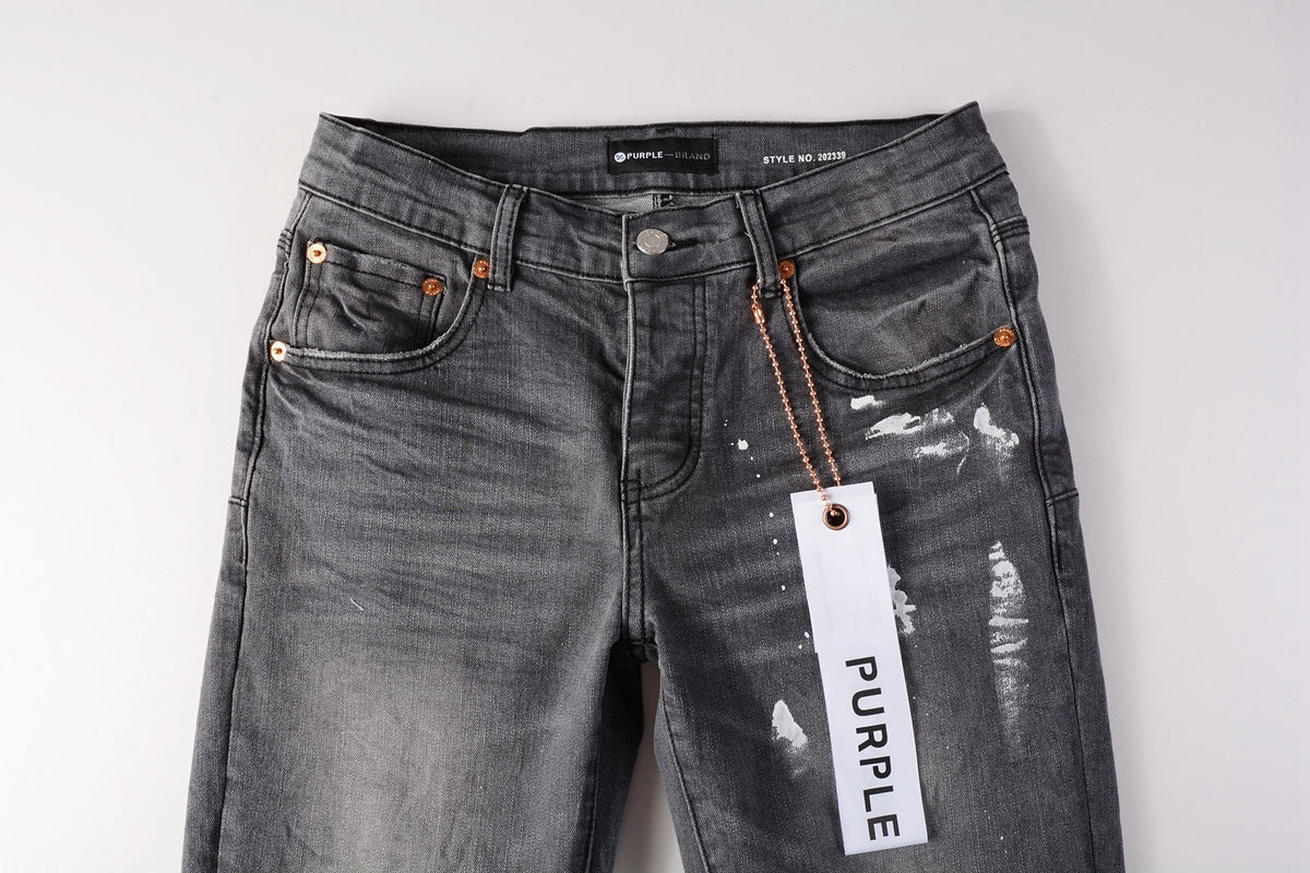 Men's Slim Fit Distressed Gray Damaged Holes Graffiti Stretch Ripped Jeans