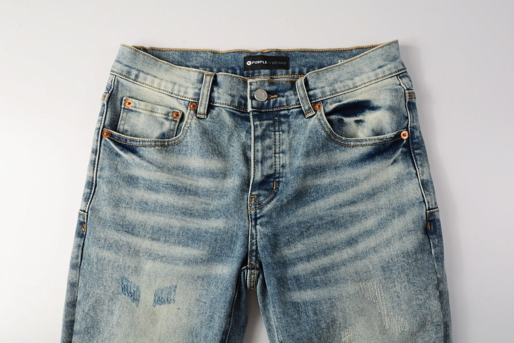 Men's Distressed Light Blue Slim Fit Patchwork Skinny Jeans with Ripped Holes & Button Fly
