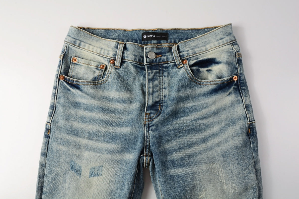Men's Distressed Light Blue Slim Fit Patchwork Skinny Jeans with Ripped Holes & Button Fly
