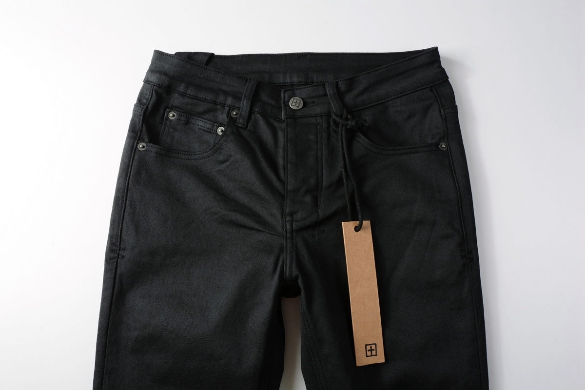 Men's Black Coated Embroidered Distressed Skinny Jeans - Stretch Denim