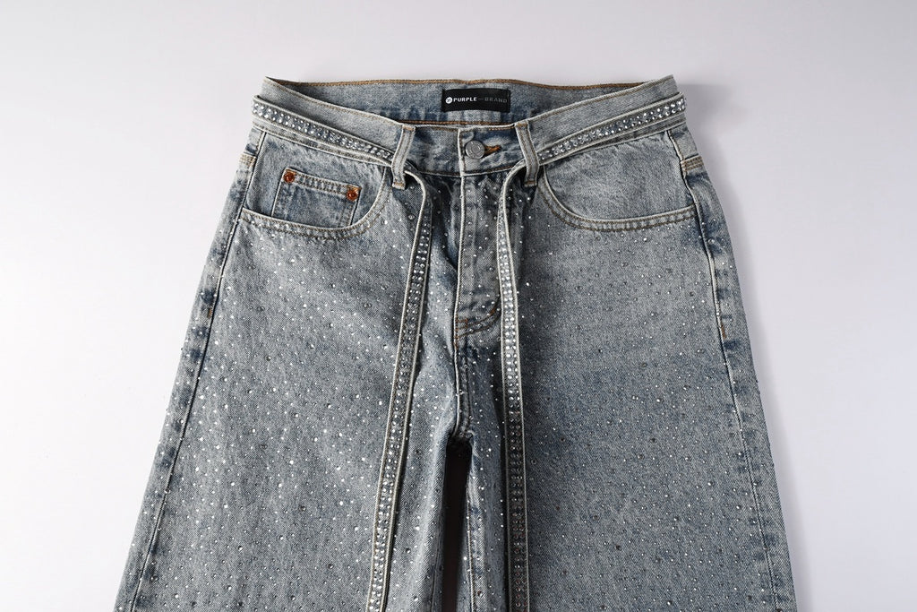Men’s Baggy Light Blue Rhinestone Jeans – Loose Fit Wide Leg Denim