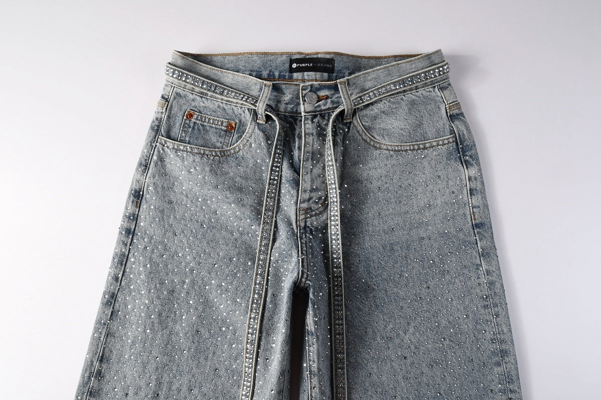 Men’s Baggy Light Blue Rhinestone Jeans – Loose Fit Wide Leg Denim