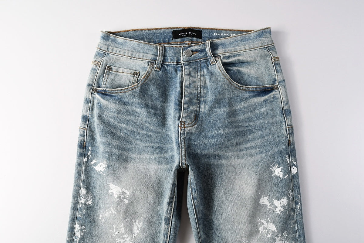 Men's Distressed Light Indigo Skinny Jeans with Graffiti, Ripped Holes & Button Fly