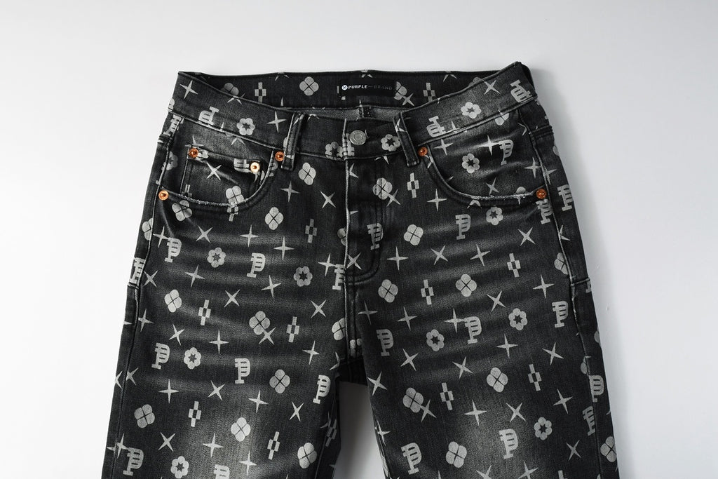 Distressed Skinny Jeans with Laser Print Patterns & Ripped Holes & Button Fly