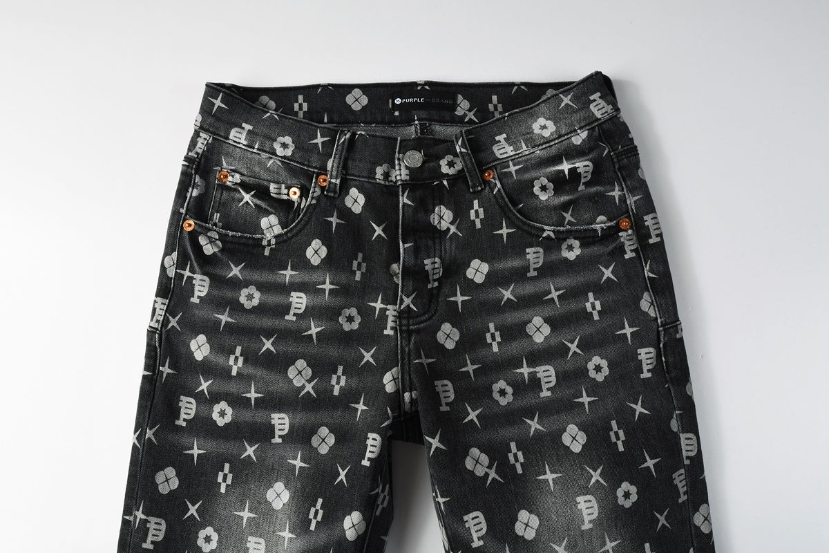 Distressed Skinny Jeans with Laser Print Patterns & Ripped Holes & Button Fly