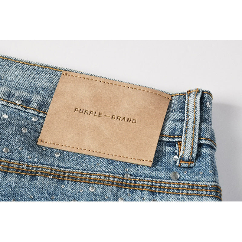Men's Light Wash All-Over Rhinestone Skinny Jeans | Streetwear Slim Fit Embellished Denim Pants