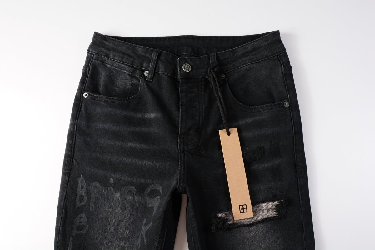Men's Black Wash Cross-Studded Distressed Skinny Jeans - Stretch Denim