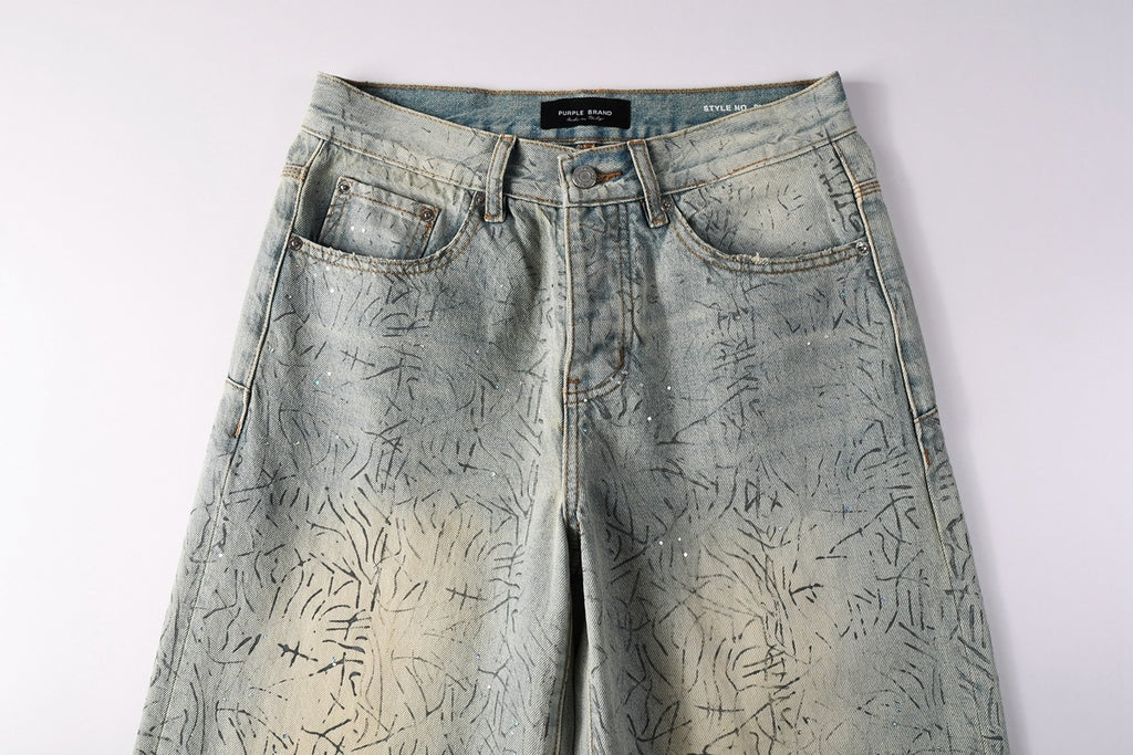 Men's Washed Distressed Blue Baggy Jeans with Rhinestones & Loose Fit