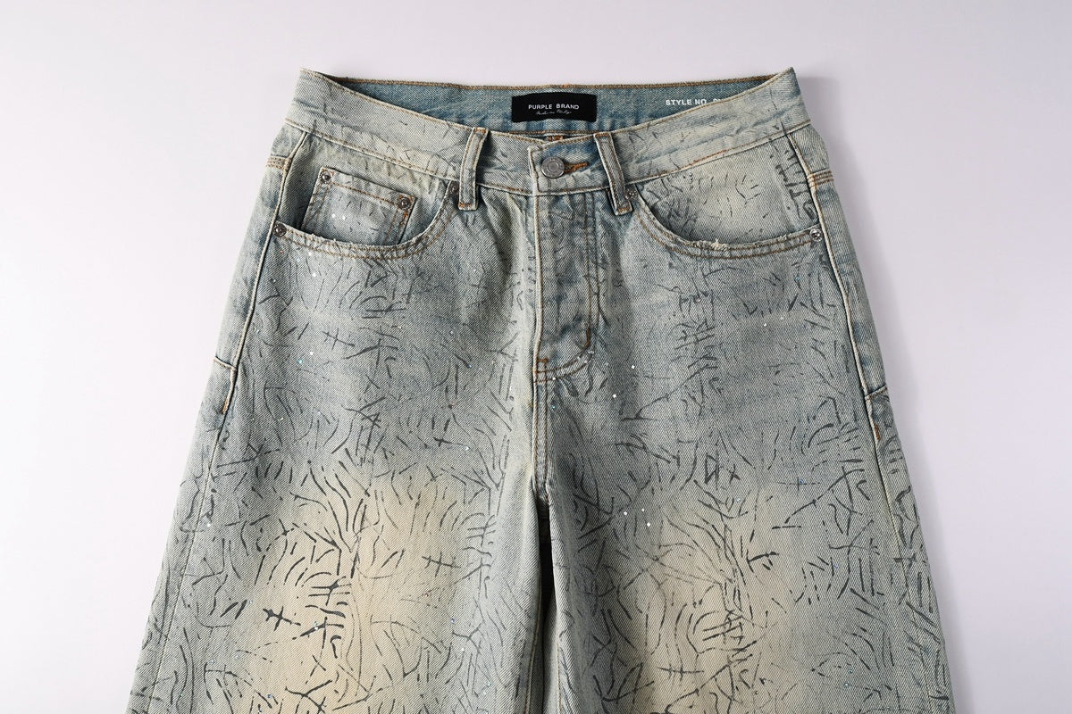 Men's Washed Distressed Blue Baggy Jeans with Rhinestones & Loose Fit