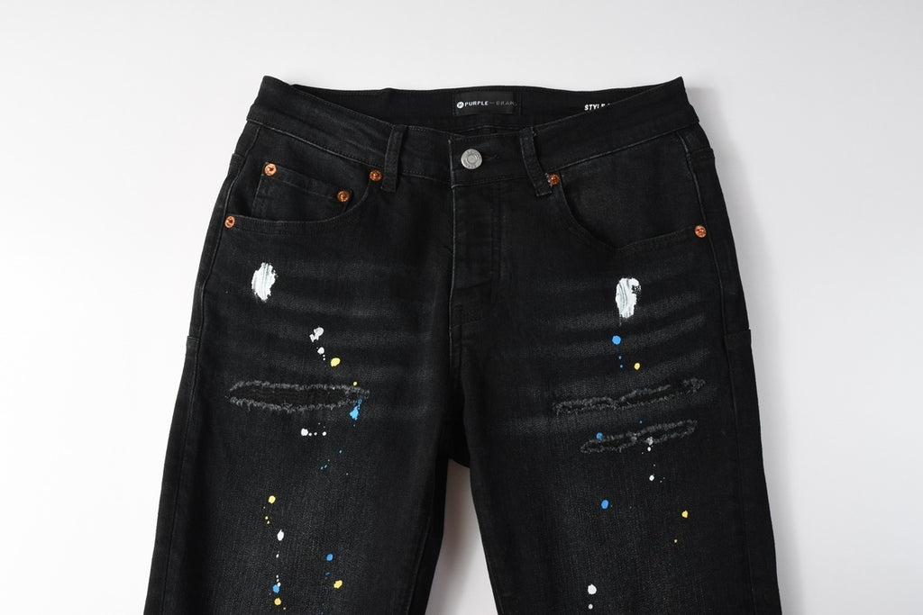 Men's Distressed Dark Black Skinny Jeans with Graffiti & Spray Paint Design & Ripped Holes