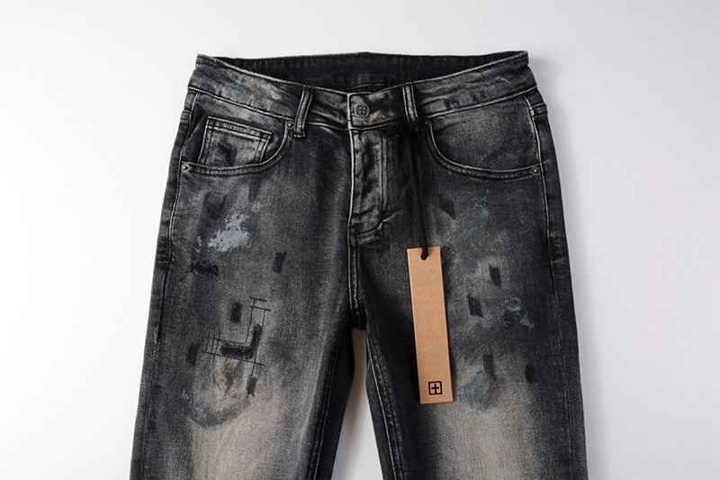 Men's Black Gray Washed Distressed Skinny Jeans - Streetwear Ripped Denim Pants