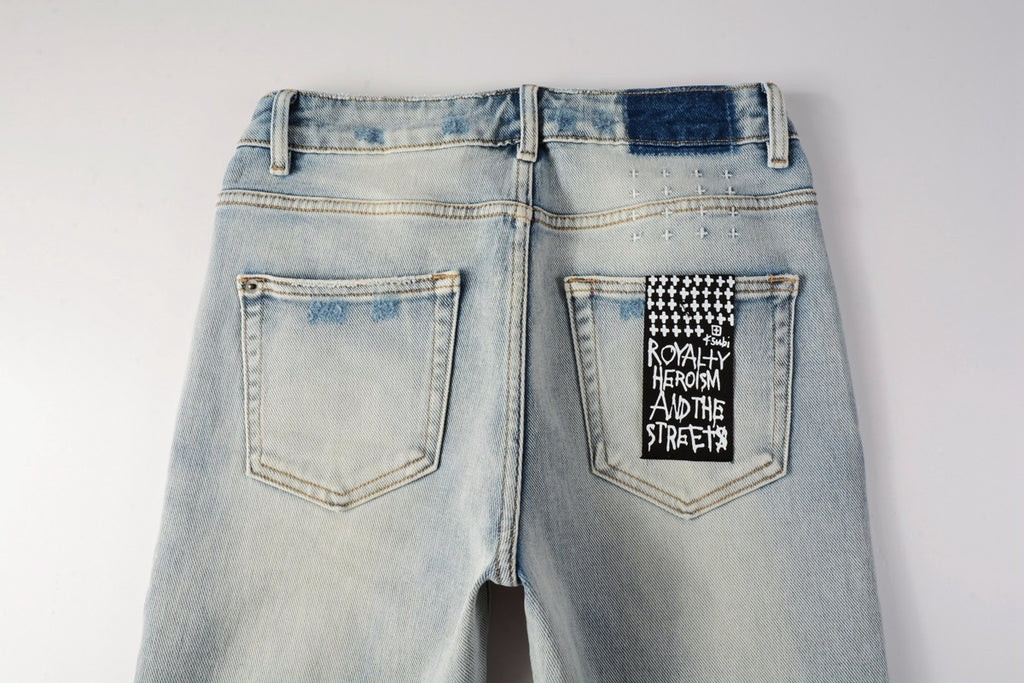 Men's Light Wash Artistic Patchwork Distressed Skinny Jeans - Stretch Denim