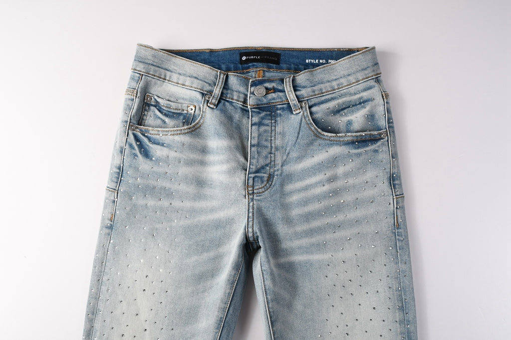 Men's Distressed Light Indigo Skinny Jeans with Transparent Rhinestones & Ripped Holes