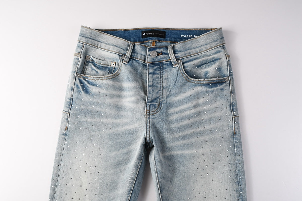 Men's Distressed Light Indigo Skinny Jeans with Transparent Rhinestones & Ripped Holes