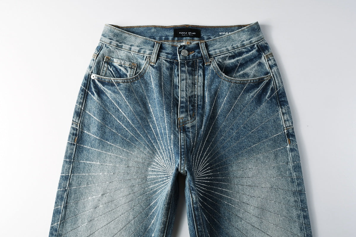 Distressed Blue Baggy Rhinestones Loose Ripped Jeans | Trendy Streetwear Denim