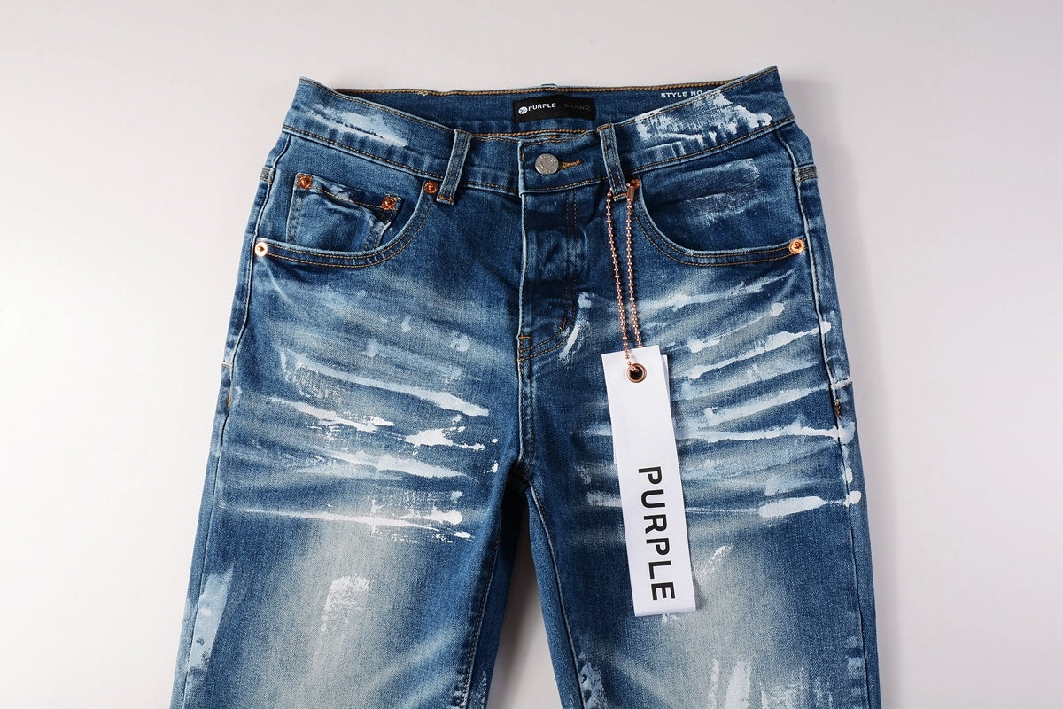 Men's High Street Distressed Classic Blue Graffiti Painted Stretch Skinny Ripped Jeans