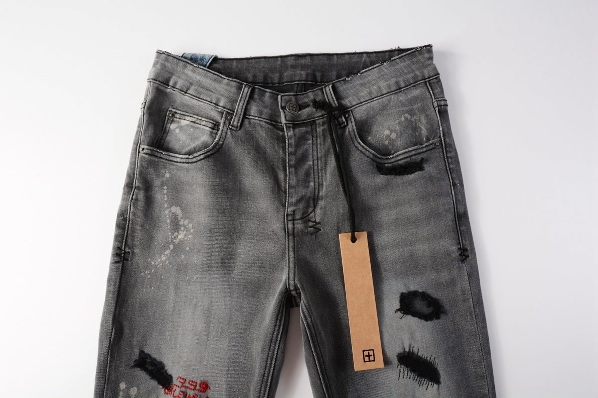 Men's Grey Wash Embroidered Distressed Skinny Jeans - Stretch Denim