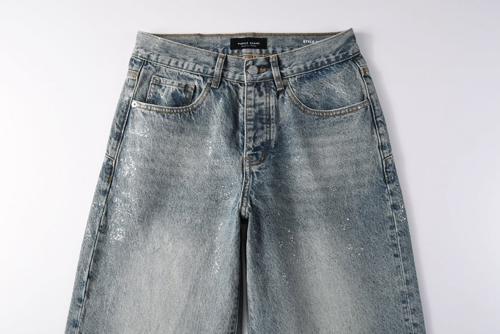 Men's Loose Distressed Blue Baggy Jeans with Coated Finish, Ripped Details & Stretch Fit