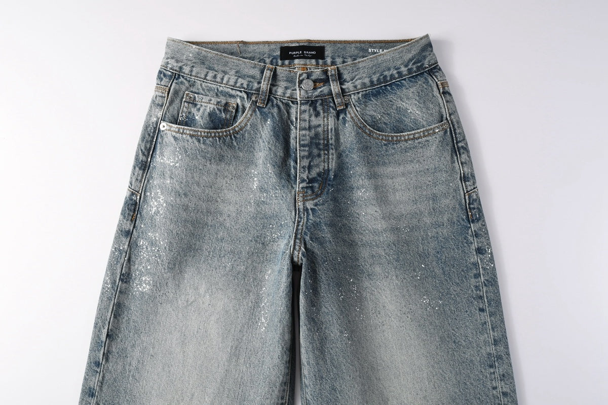 Men's Loose Distressed Blue Baggy Jeans with Coated Finish, Ripped Details & Stretch Fit