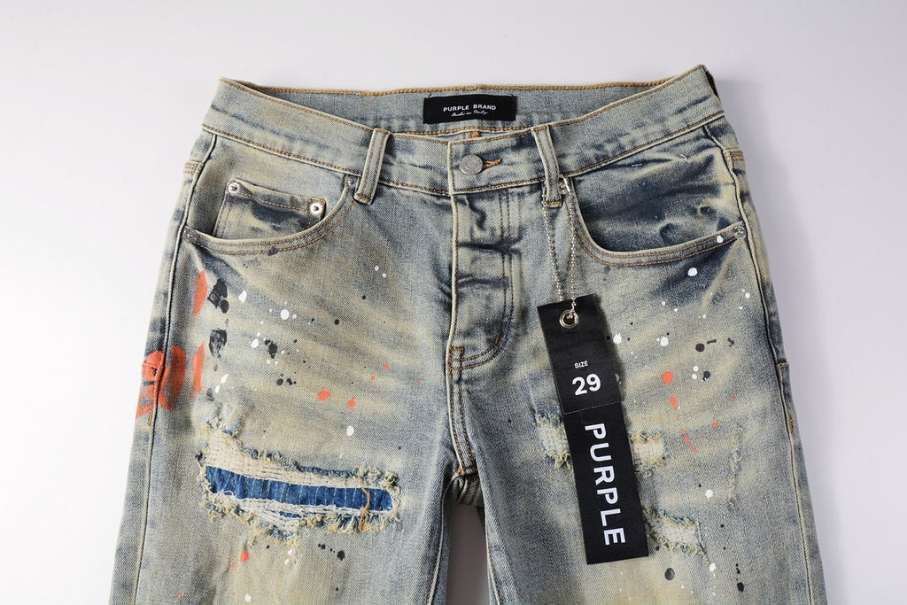 Men's Slim Fit Distressed Washed Light Blue Graffiti Jeans with Ripped Holes & Button Fly
