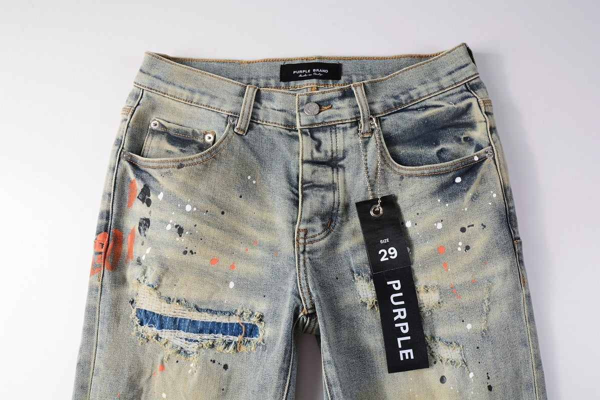 Men's Slim Fit Distressed Washed Light Blue Graffiti Jeans with Ripped Holes & Button Fly