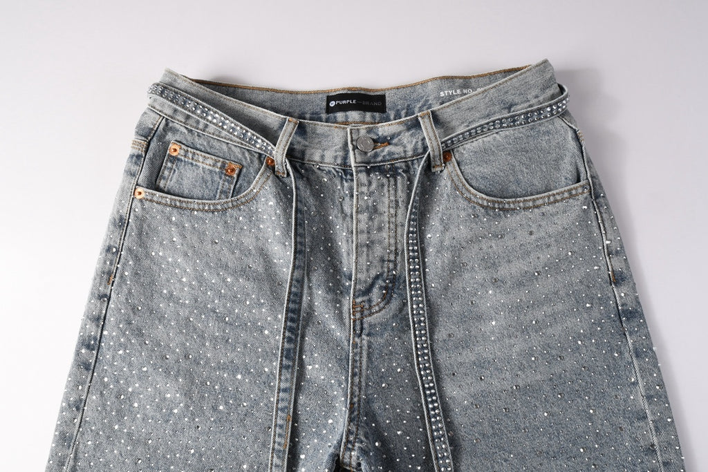 Men's Distressed Vintage Blue Denim Shorts with Rhinestones & Ripped Detailing