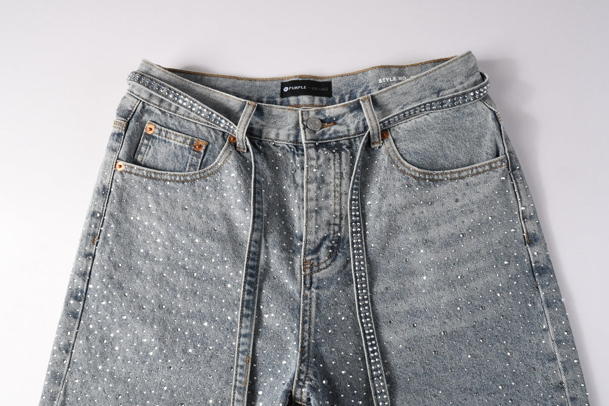 Men's Distressed Vintage Blue Denim Shorts with Rhinestones & Ripped Detailing