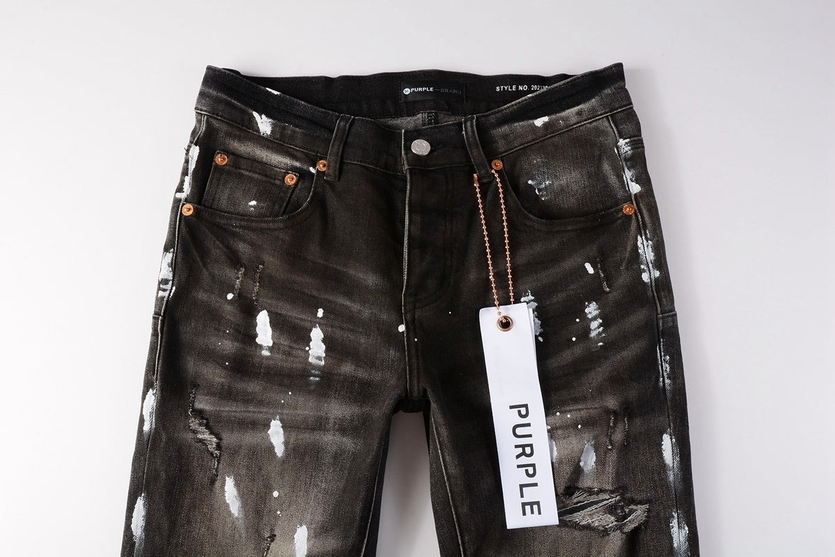 Men's High Street Distressed Damaged Holes Stretch Slim Fit Spray Painted Ripped Jeans