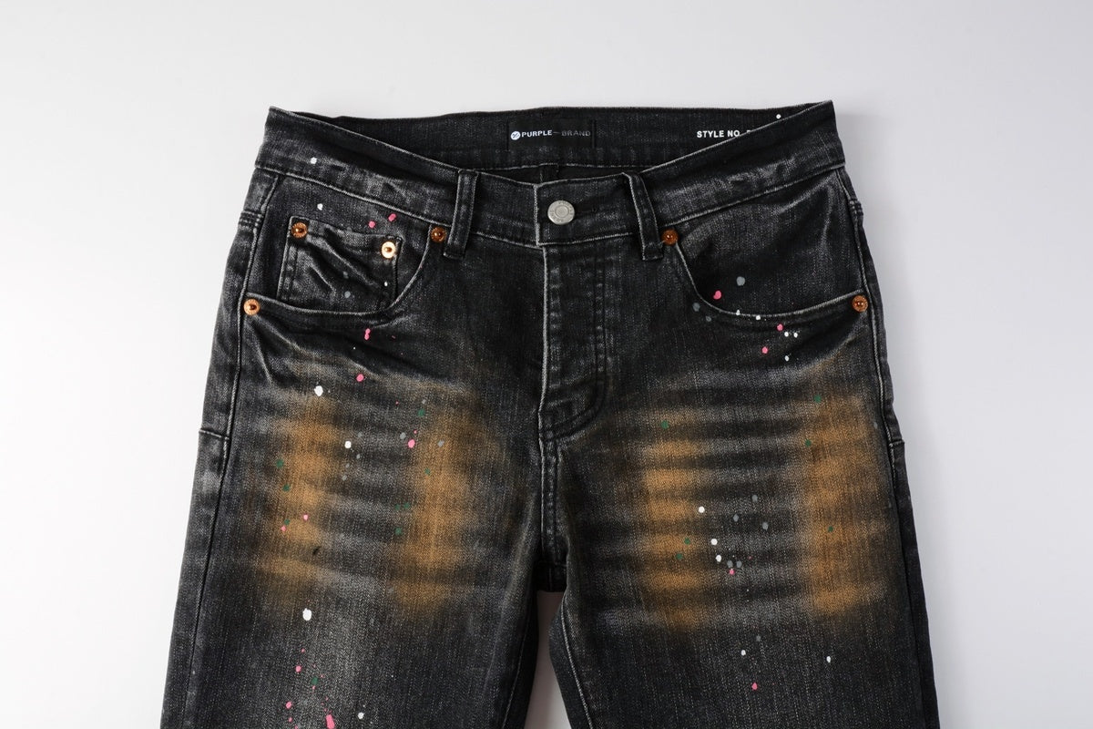 American Vintage Men's Distressed Dark Gray Skinny Jeans with Spray Paint & Ripped Holes