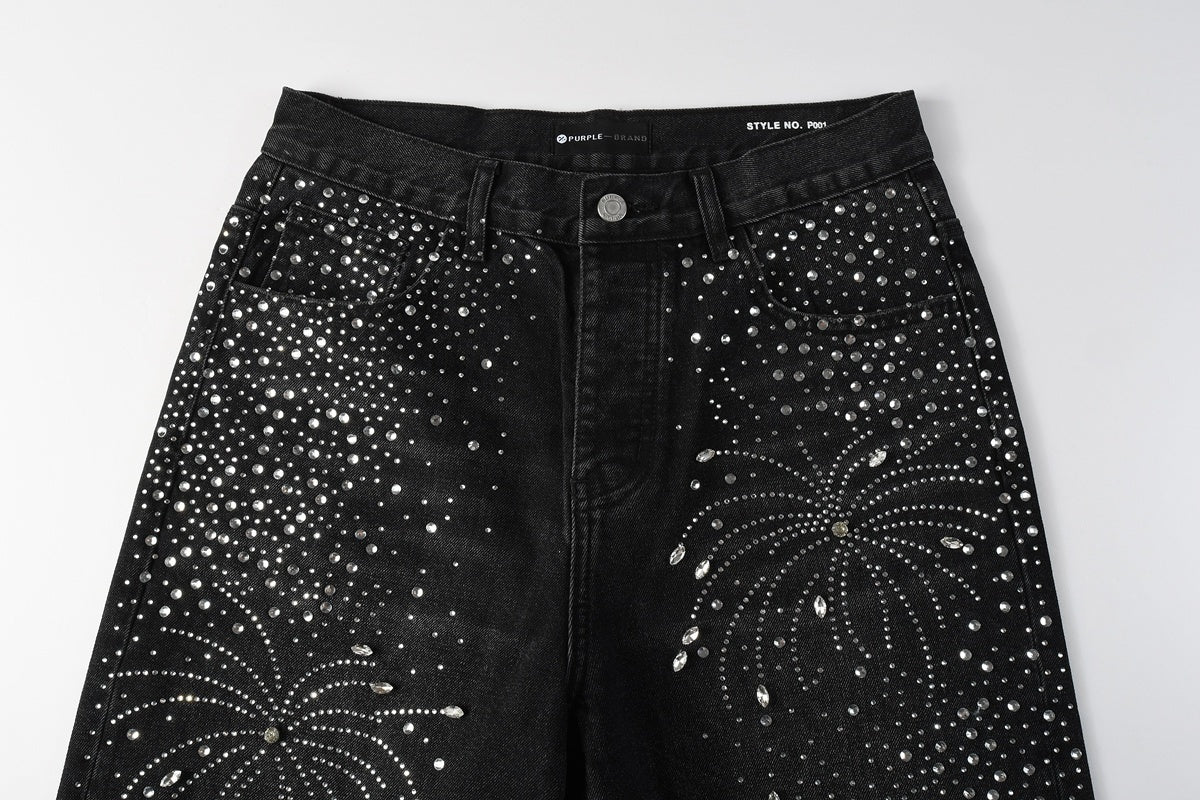 Men's Distressed Black Denim Shorts with Rhinestones, Ripped Holes & Raw Hem