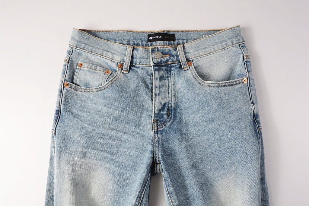 Men's Distressed Light Blue Skinny Jeans with Ripped Holes & Button Fly