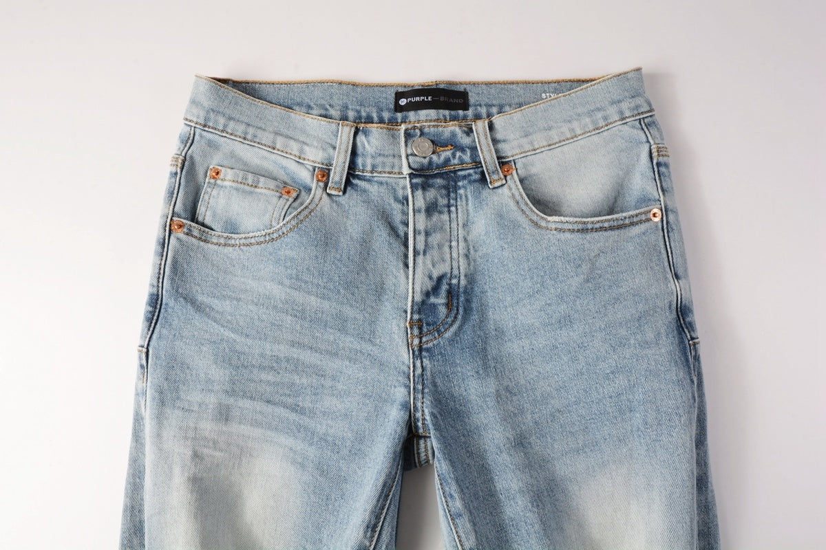 Men's Distressed Light Blue Skinny Jeans with Ripped Holes & Button Fly