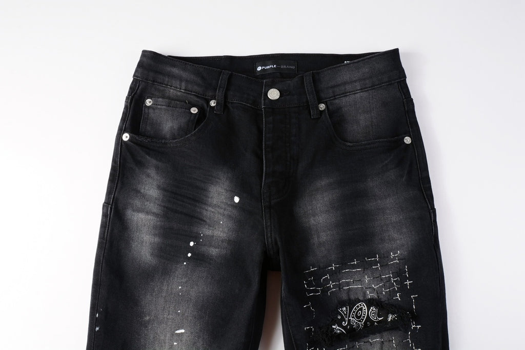 Men's Distressed Black Skinny Jeans with Bandanna Patchwork, Ripped Holes & Button Fly