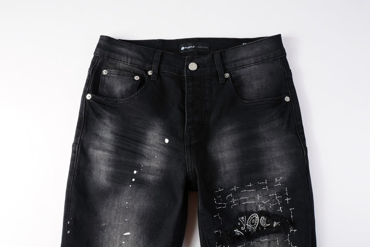 Men's Distressed Black Skinny Jeans with Bandanna Patchwork, Ripped Holes & Button Fly