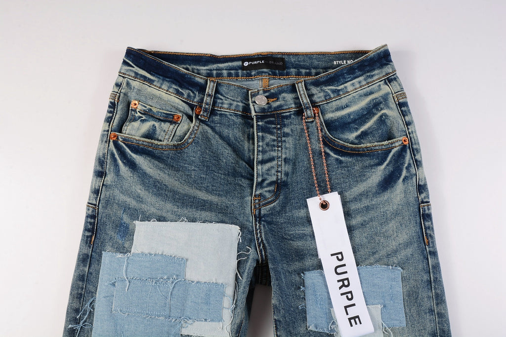 Men's Distressed Light Blue Patchwork Stretch Slim Fit Ripped Denim Jeans