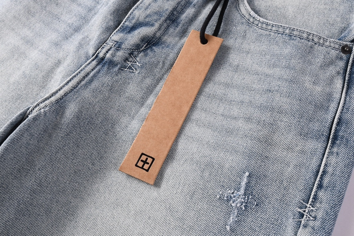 Men’s Light Wash Baggy Jeans - Cross Embroidered Loose Denim