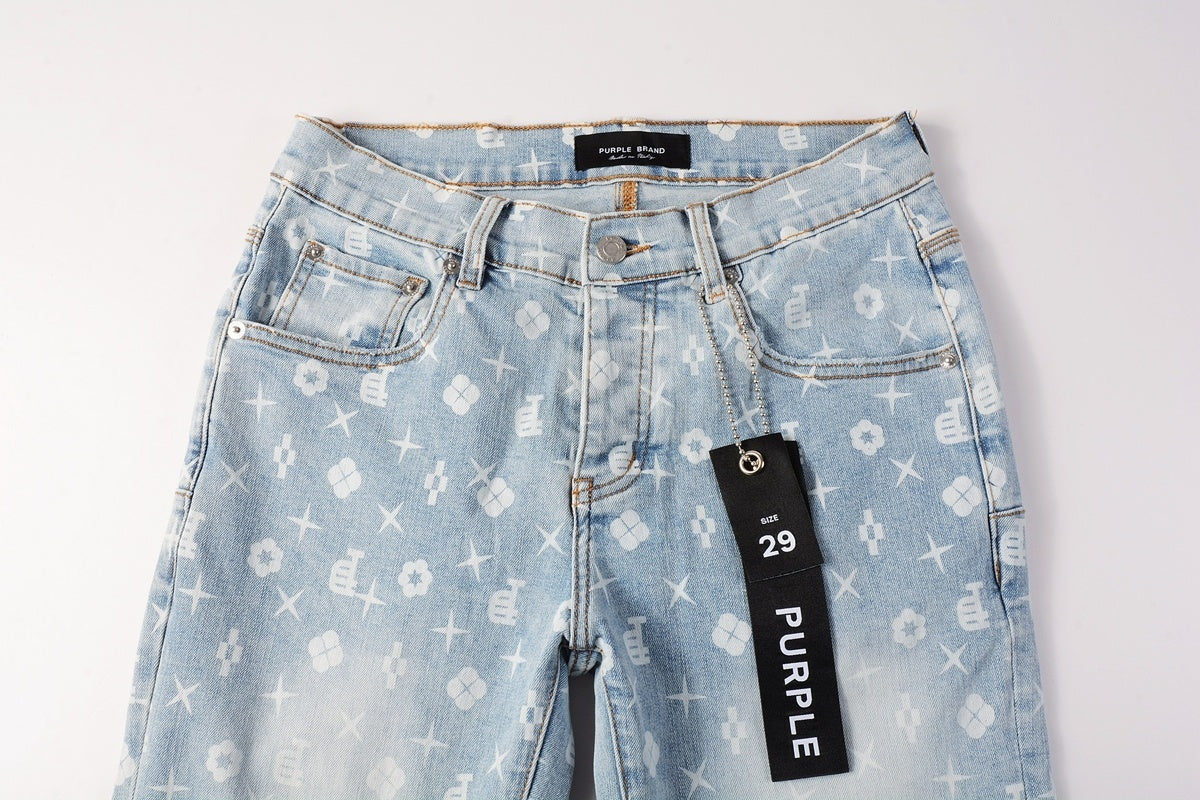 Men's Distressed Light Blue Skinny Jeans with Laser Print Patterns & Button Fly