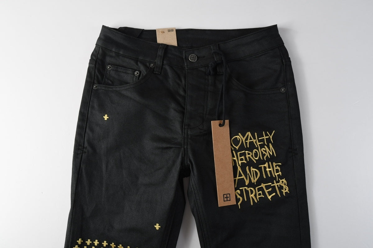 Men’s Black Waxed Skinny Jeans - Gold Studded Streetwear Denim