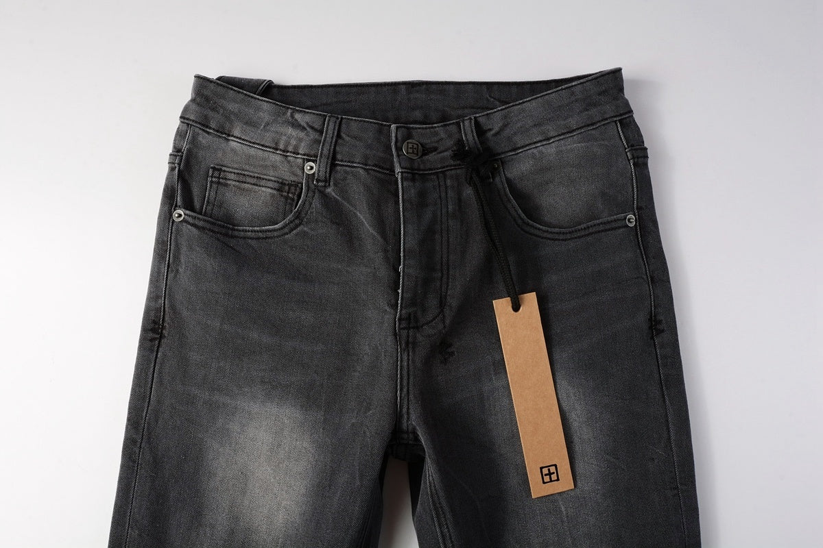 Men's Grey Wash Patchwork Distressed Skinny Jeans - Stretch Denim