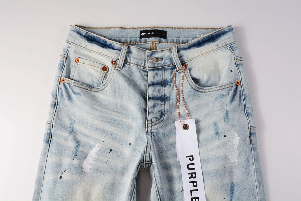 Men's High Street Washed Light Blue Distressed Damaged Holes Ripped Jeans