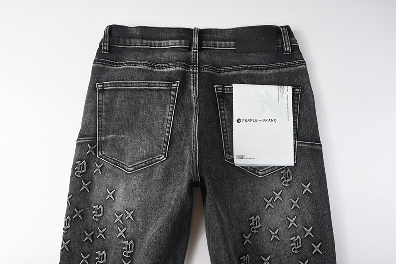 Men's Black Washed Embroidered Cross & Logo Skinny Jeans | Streetwear Slim Fit Denim Pants