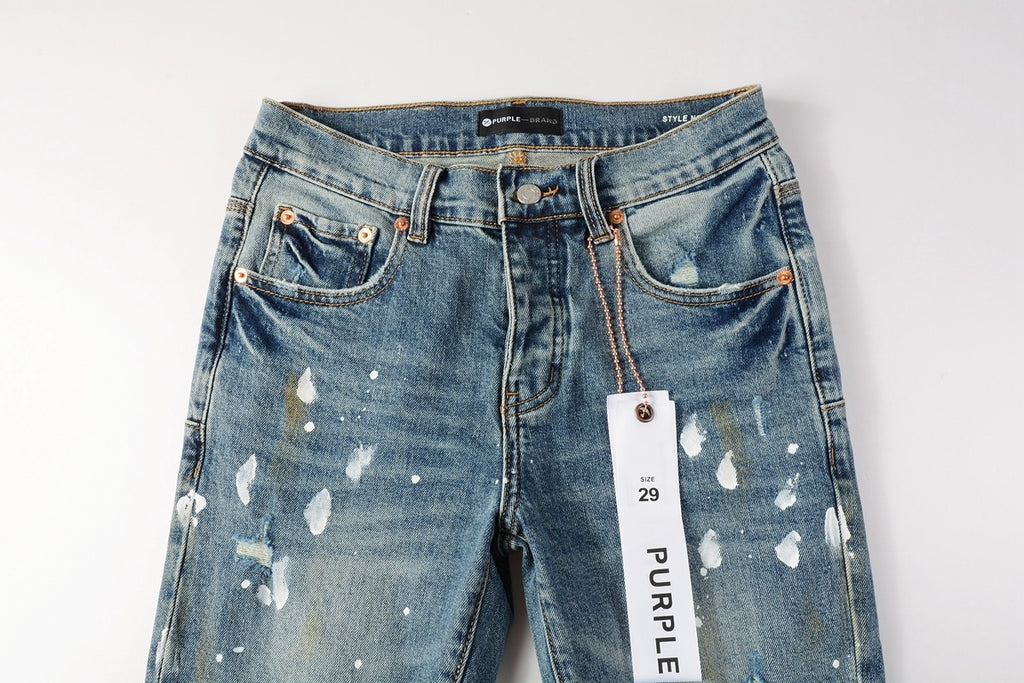 Men's Slim Fit Distressed Blue Graffiti Skinny Jeans with Ripped Holes & Button Fly