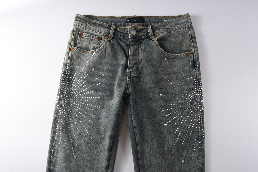 Men's Washed Blue Skinny Jeans with Ripped Holes, Rhinestones & Button Fly